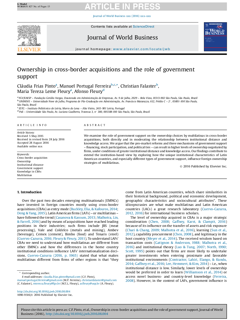 Ownership in cross-border acquisitions and the role of government support