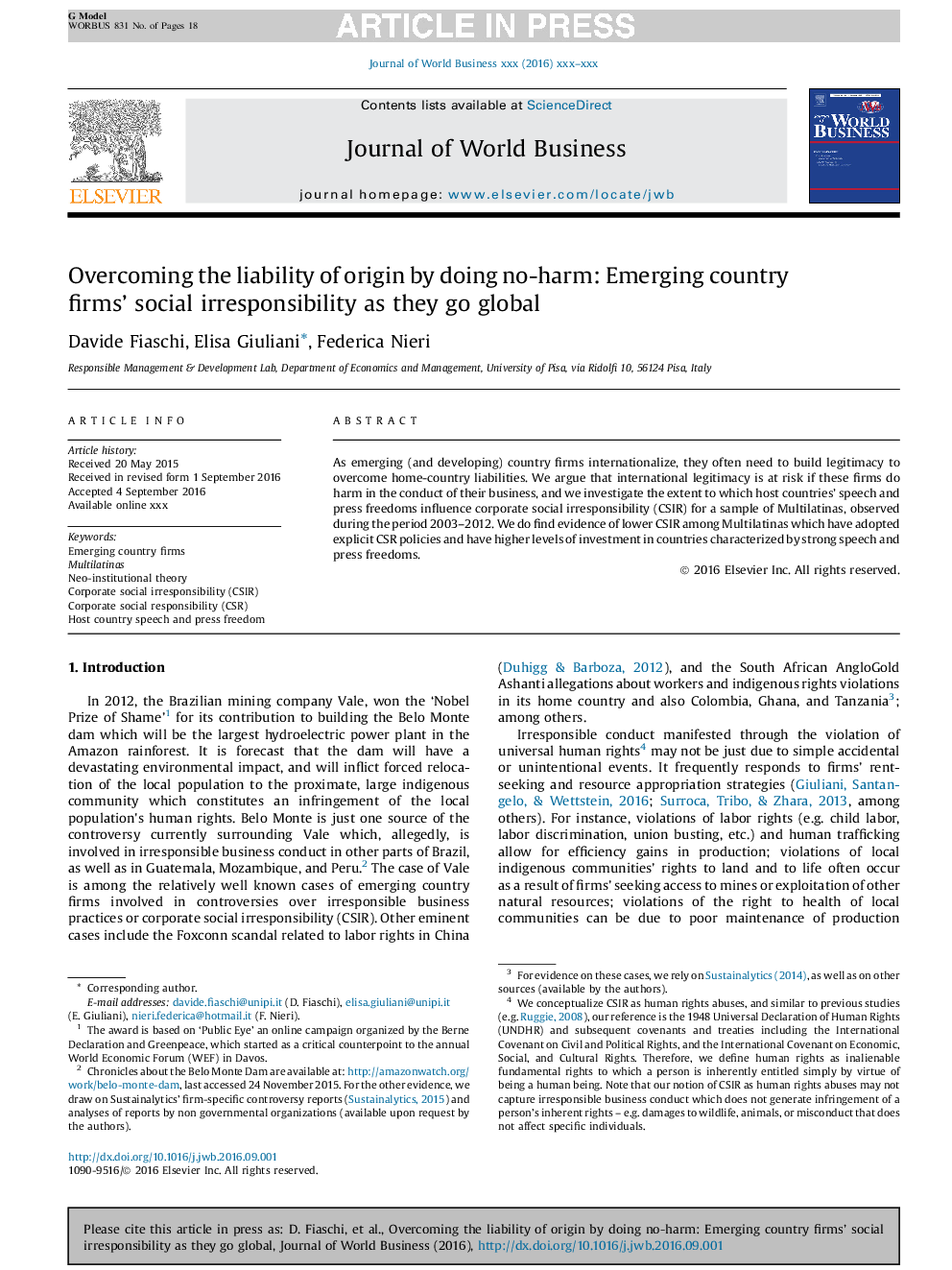 Overcoming the liability of origin by doing no-harm: Emerging country firms' social irresponsibility as they go global