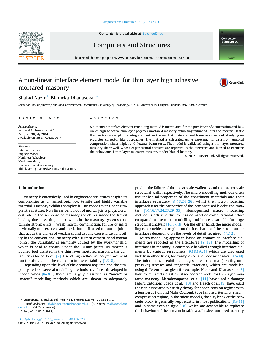 A non-linear interface element model for thin layer high adhesive mortared masonry