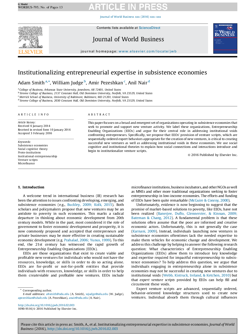 Institutionalizing entrepreneurial expertise in subsistence economies