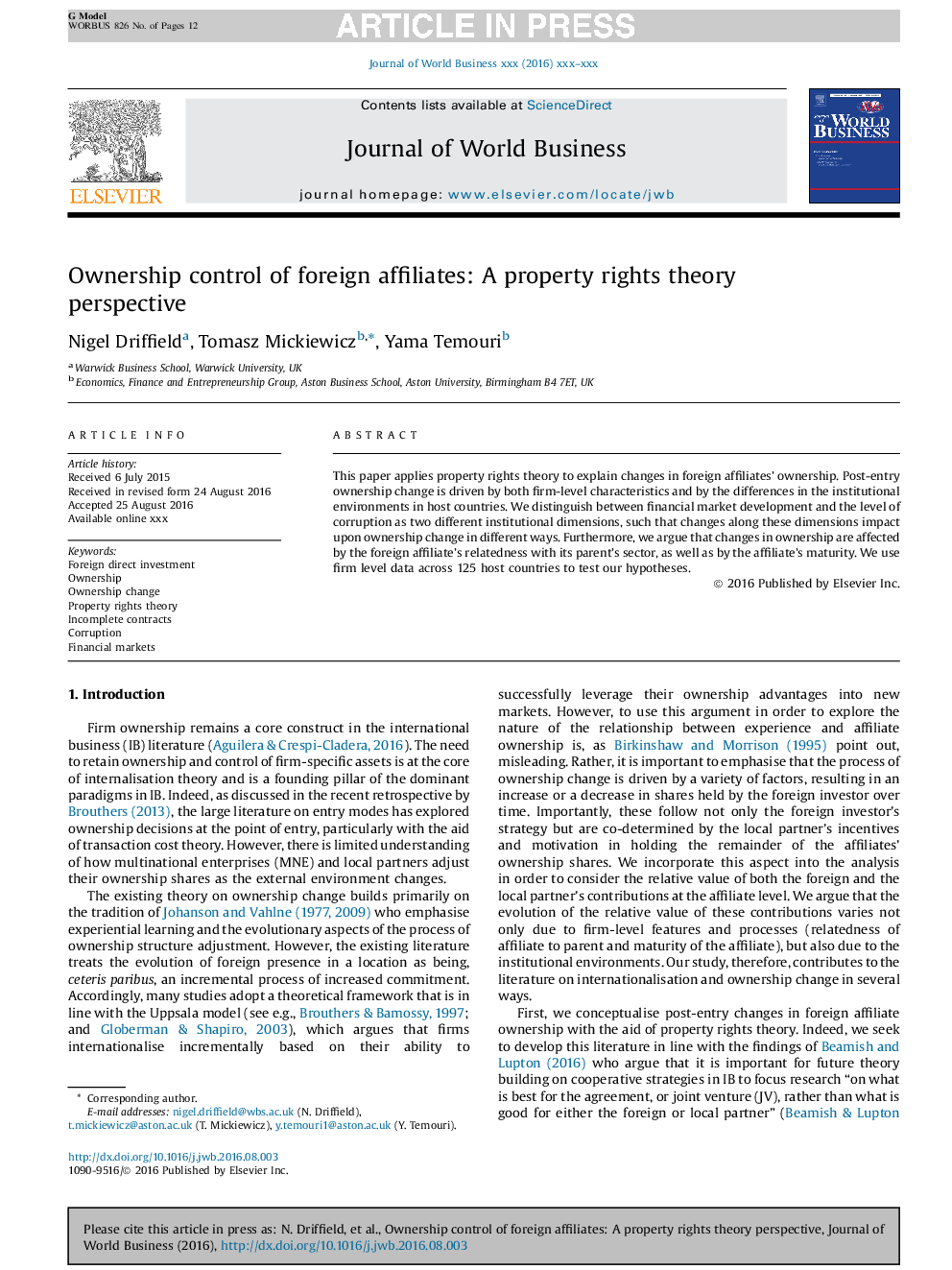 Ownership control of foreign affiliates: A property rights theory perspective