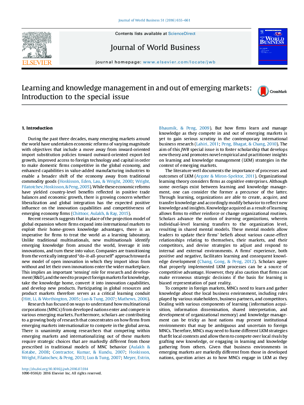 Learning and knowledge management in and out of emerging markets: Introduction to the special issue