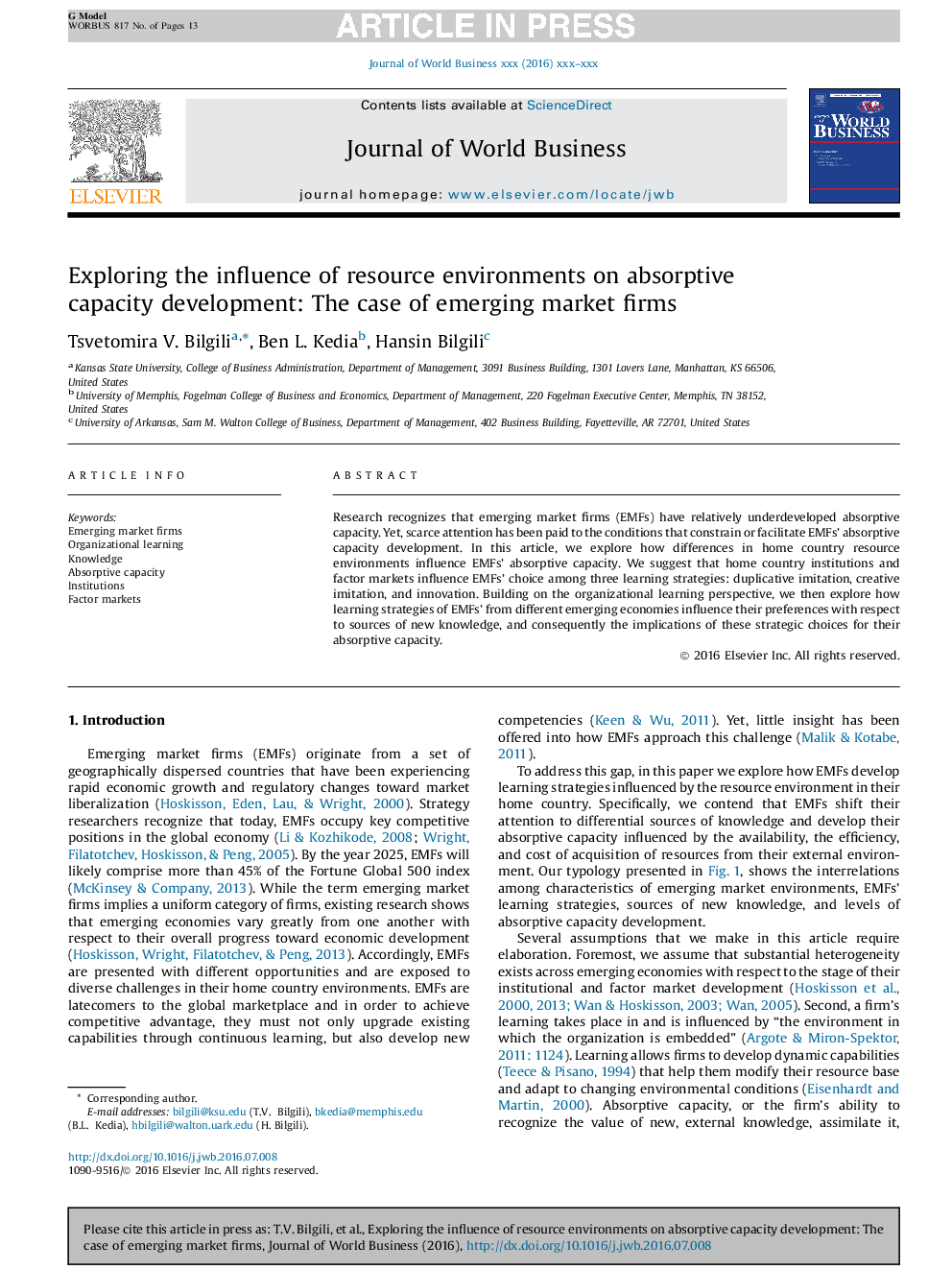 Exploring the influence of resource environments on absorptive capacity development: The case of emerging market firms