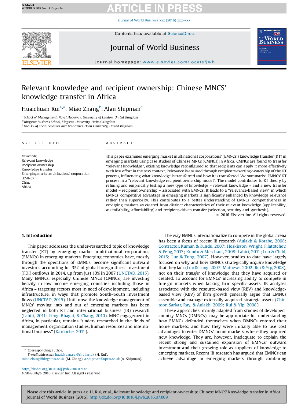 Relevant knowledge and recipient ownership: Chinese MNCS' knowledge transfer in Africa