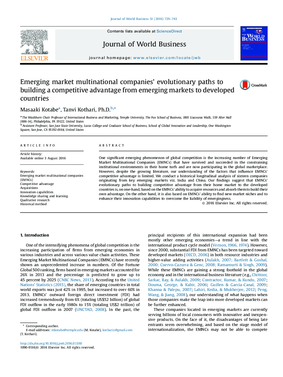 Emerging market multinational companies' evolutionary paths to building a competitive advantage from emerging markets to developed countries