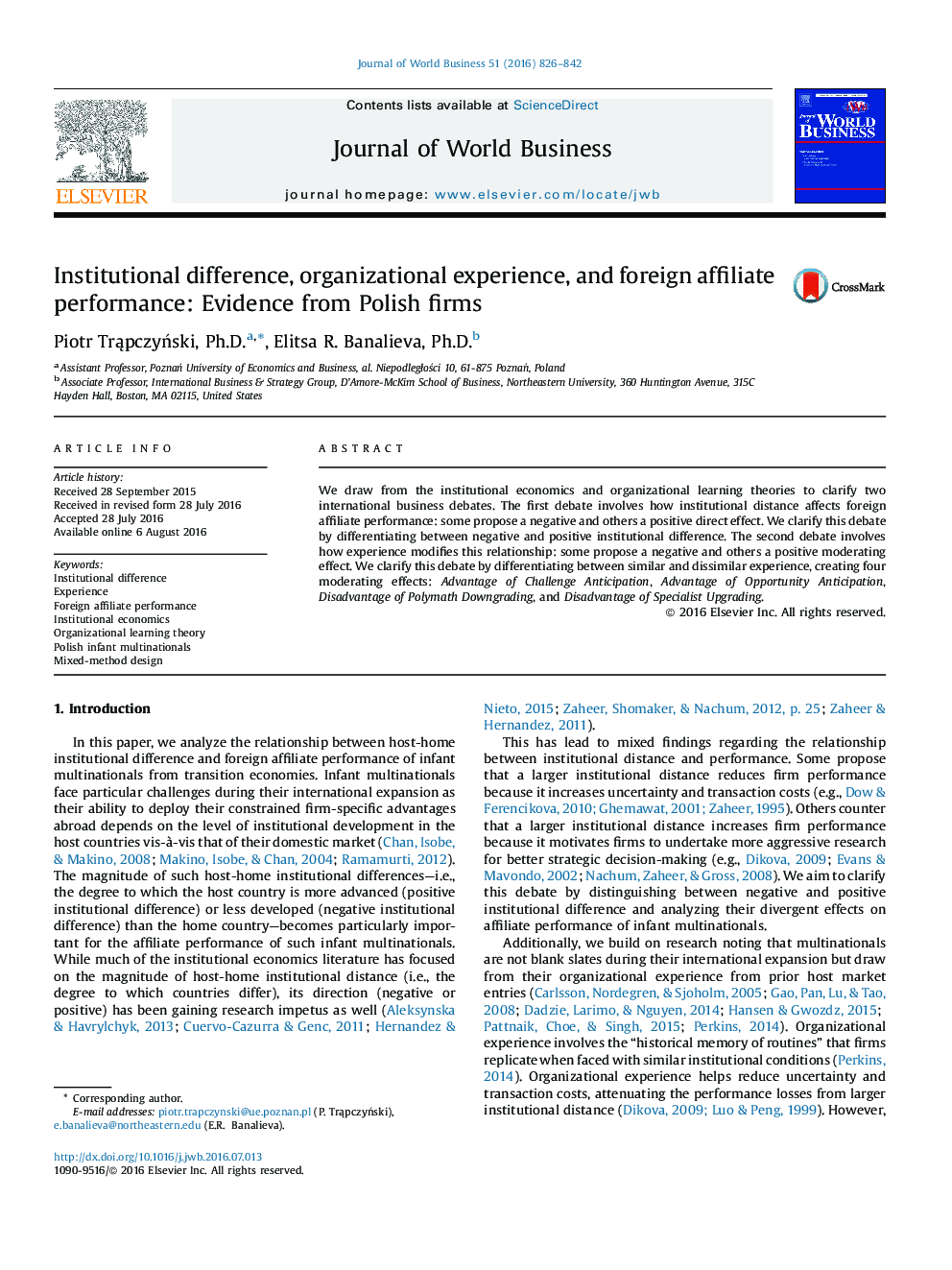 Institutional difference, organizational experience, and foreign affiliate performance: Evidence from Polish firms