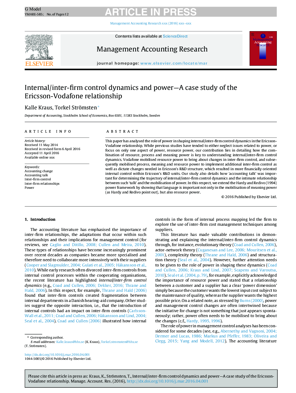 Internal/inter-firm control dynamics and power-A case study of the Ericsson-Vodafone relationship