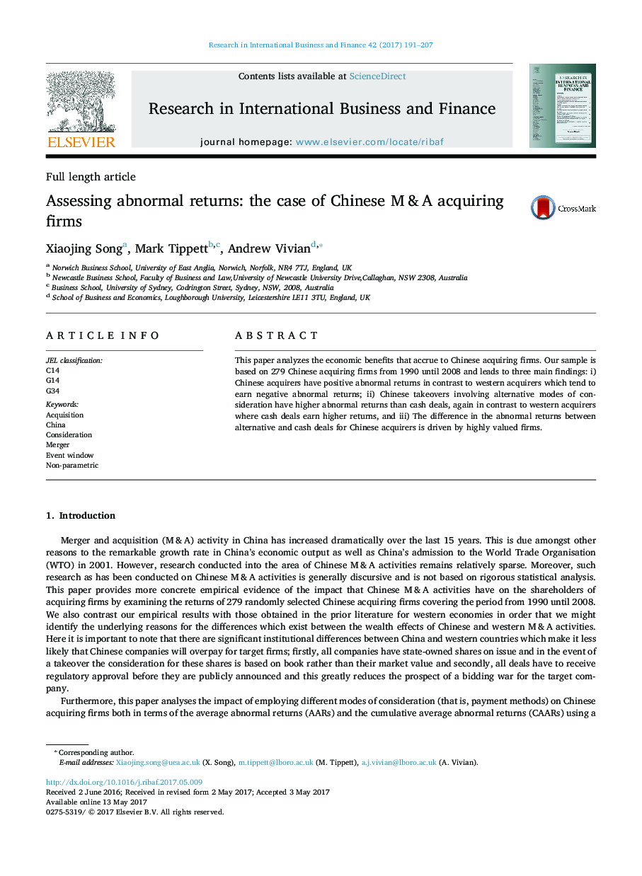 Full length articleAssessing abnormal returns: the case of Chinese M&A acquiring firms