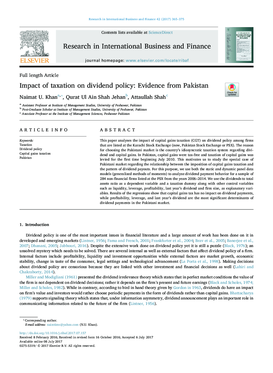 Impact of taxation on dividend policy: Evidence from Pakistan