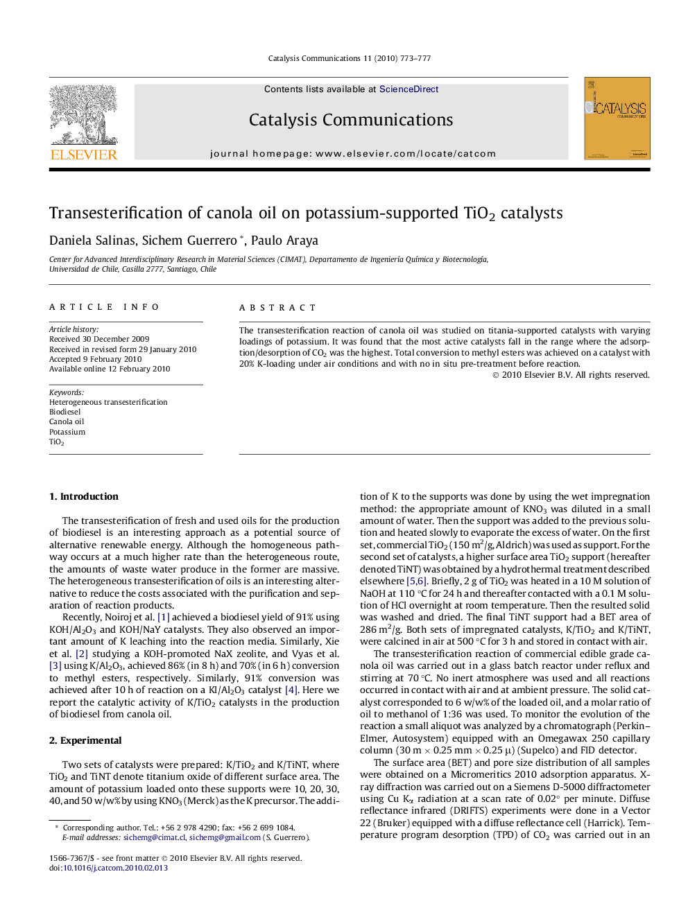 Transesterification of canola oil on potassium-supported TiO2 catalysts