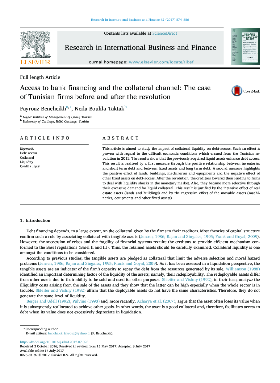 Full length ArticleAccess to bank financing and the collateral channel: The case of Tunisian firms before and after the revolution