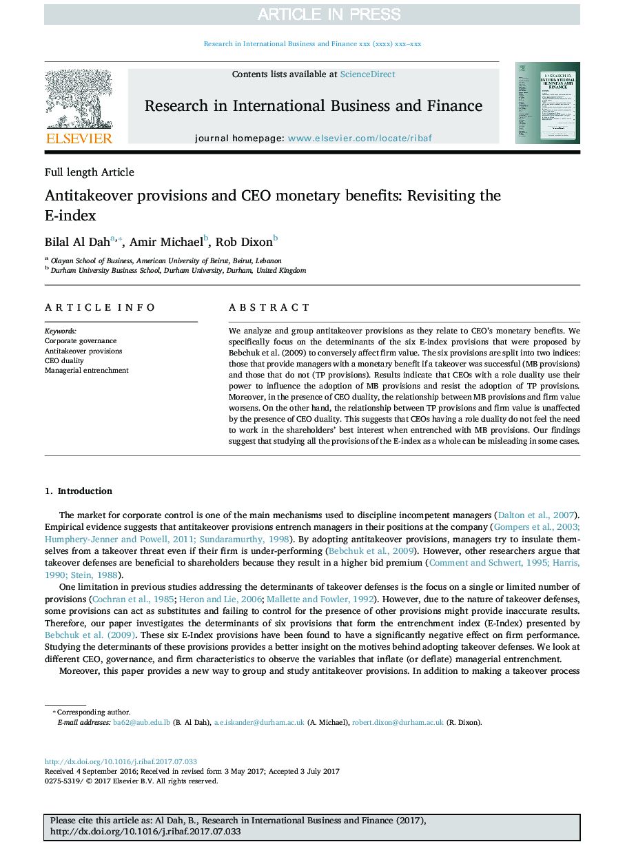 Antitakeover provisions and CEO monetary benefits: Revisiting the E-index