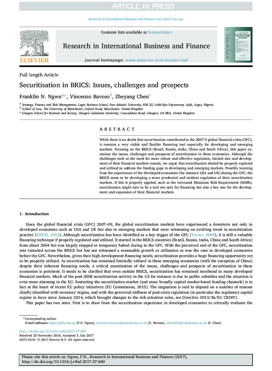 Securitisation in BRICS: Issues, challenges and prospects