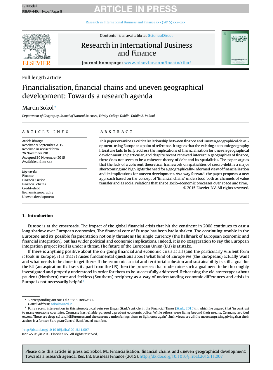 Financialisation, financial chains and uneven geographical development: Towards a research agenda