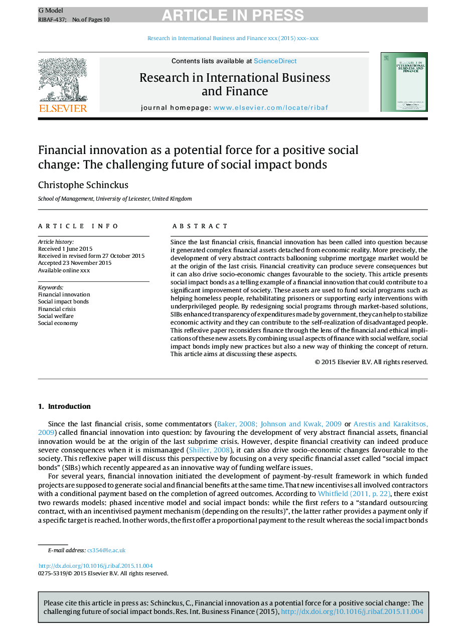 Financial innovation as a potential force for a positive social change: The challenging future of social impact bonds