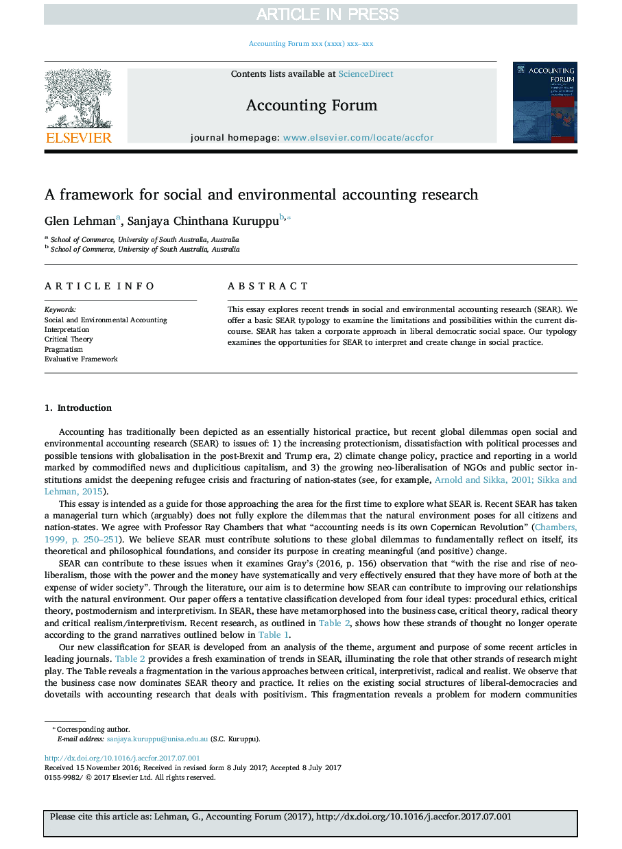 A framework for social and environmental accounting research