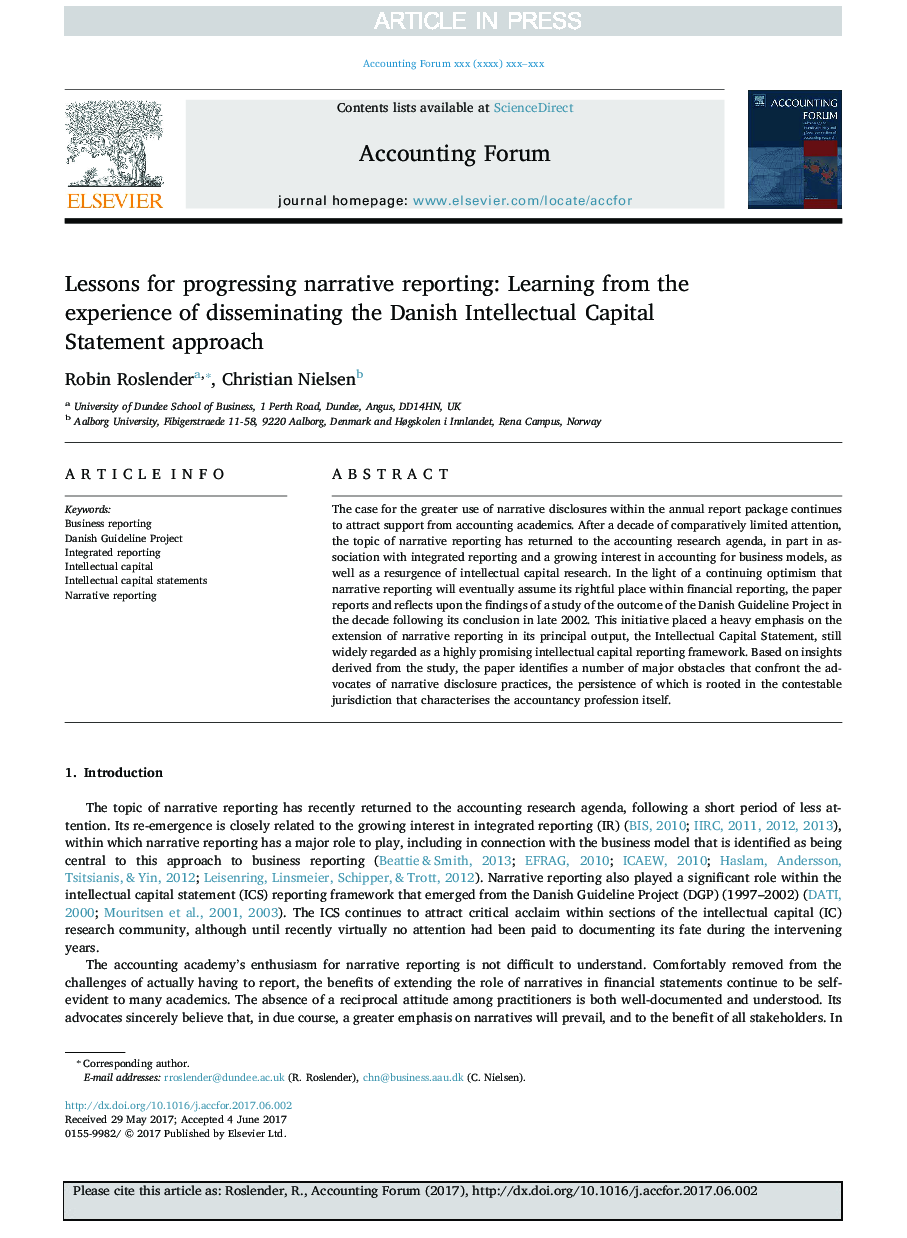 Lessons for progressing narrative reporting: Learning from the experience of disseminating the Danish Intellectual Capital Statement approach