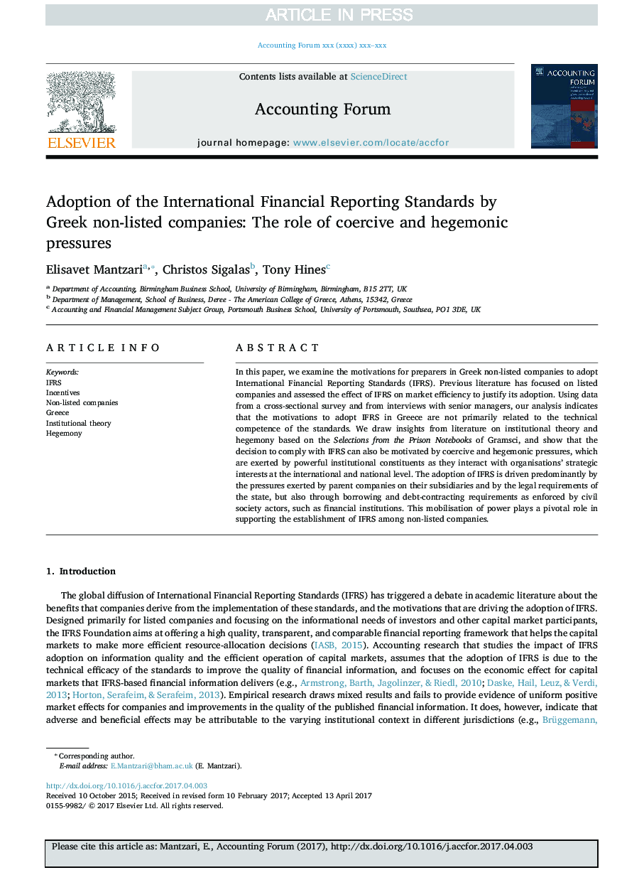 Adoption of the International Financial Reporting Standards by Greek non-listed companies: The role of coercive and hegemonic pressures