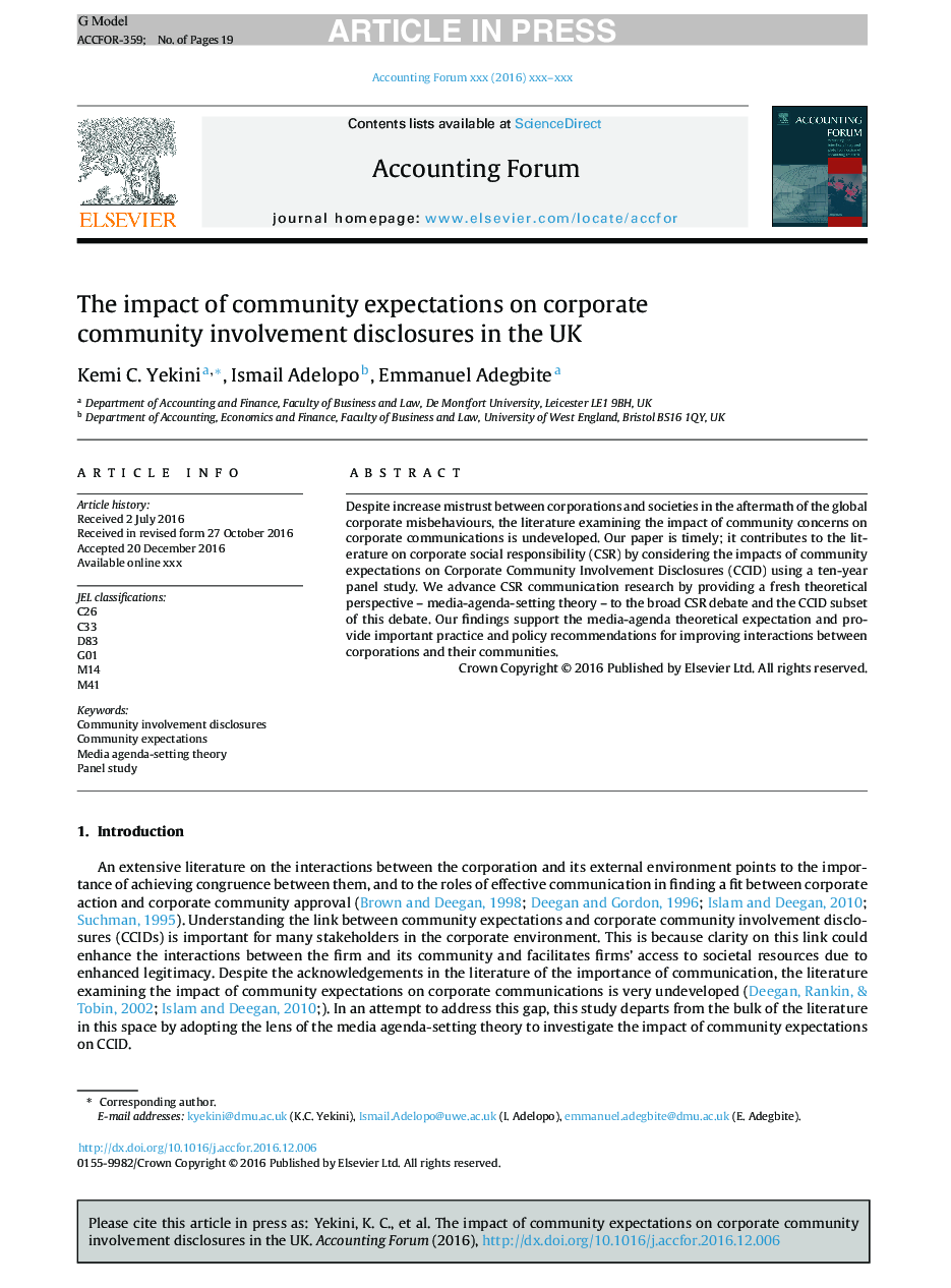 The impact of community expectations on corporate community involvement disclosures in the UK