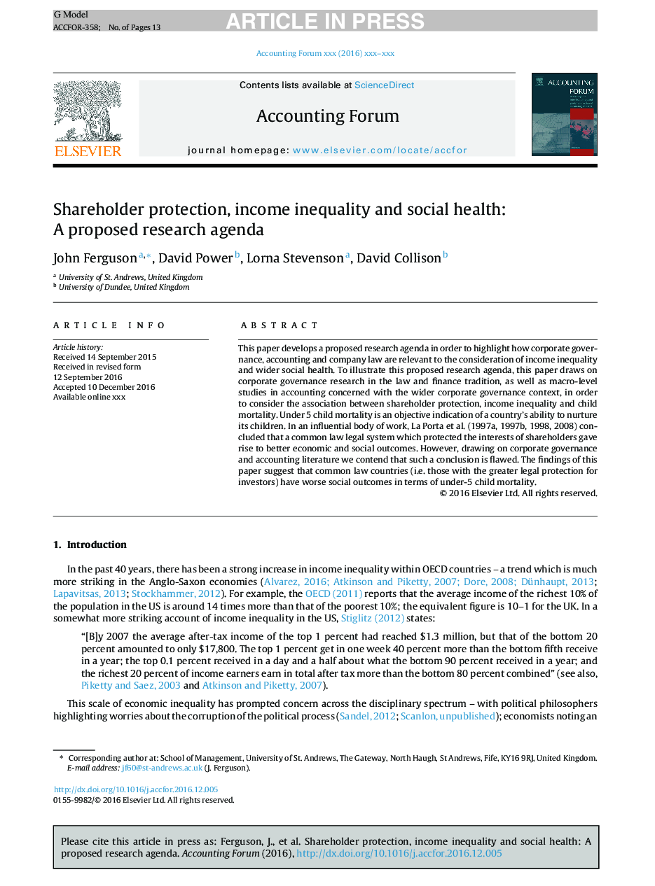 Shareholder protection, income inequality and social health: A proposed research agenda