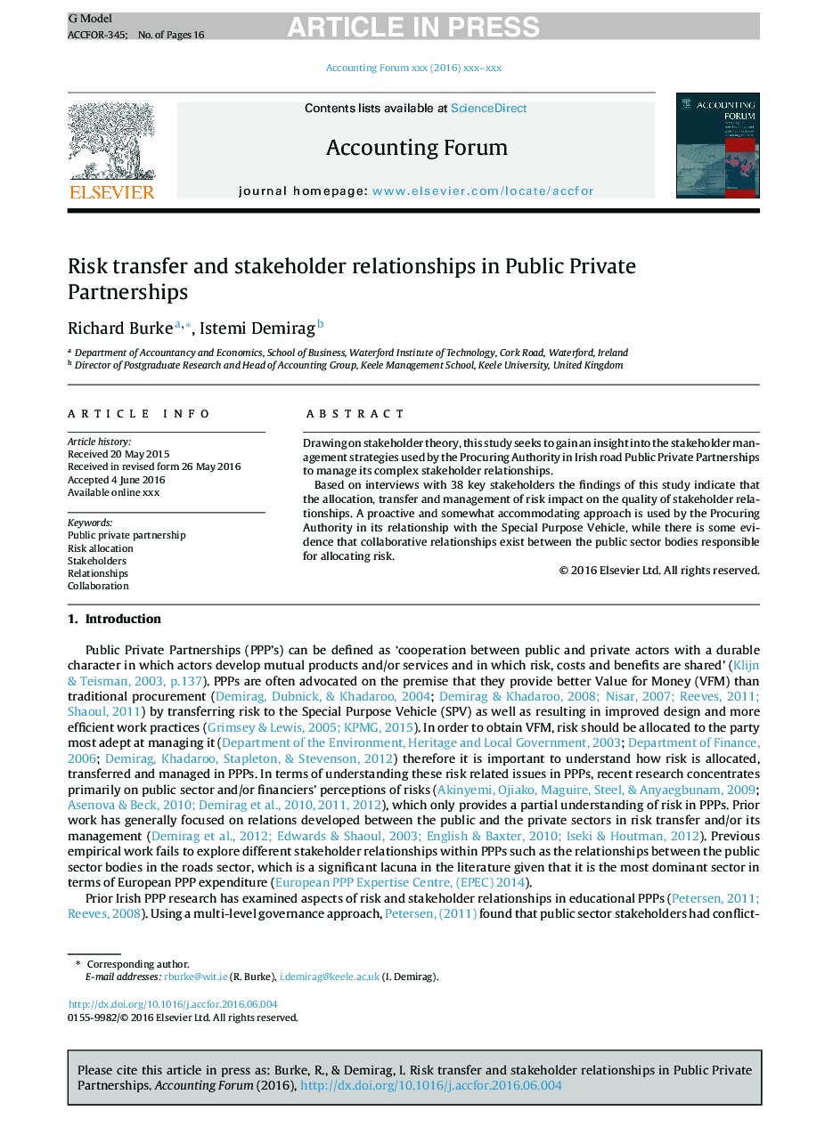 Risk transfer and stakeholder relationships in Public Private Partnerships