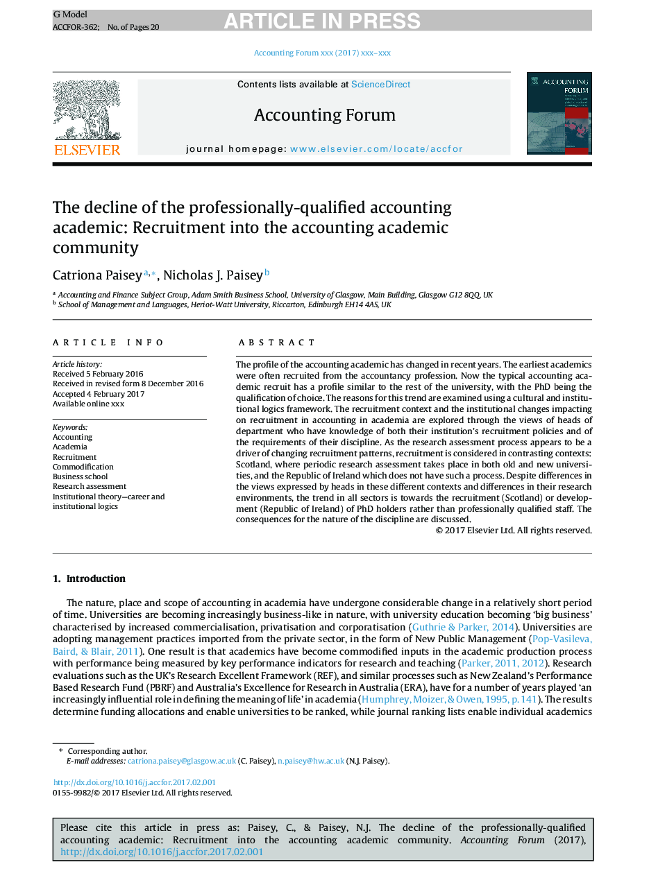 The decline of the professionally-qualified accounting academic: Recruitment into the accounting academic community