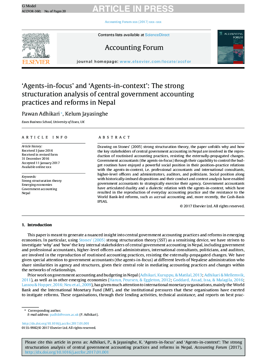 'Agents-in-focus' and 'Agents-in-context': The strong structuration analysis of central government accounting practices and reforms in Nepal