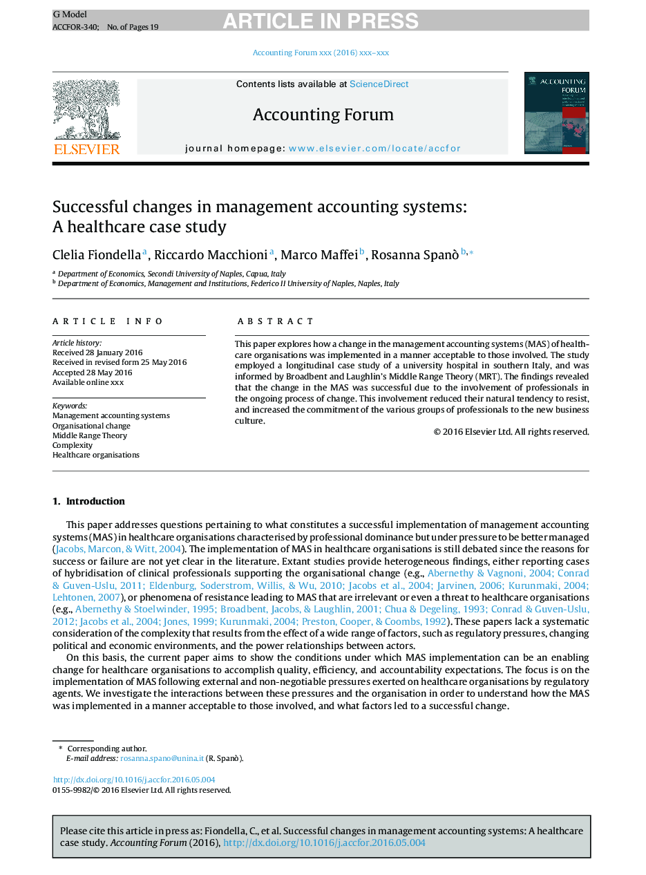 Successful changes in management accounting systems: A healthcare case study