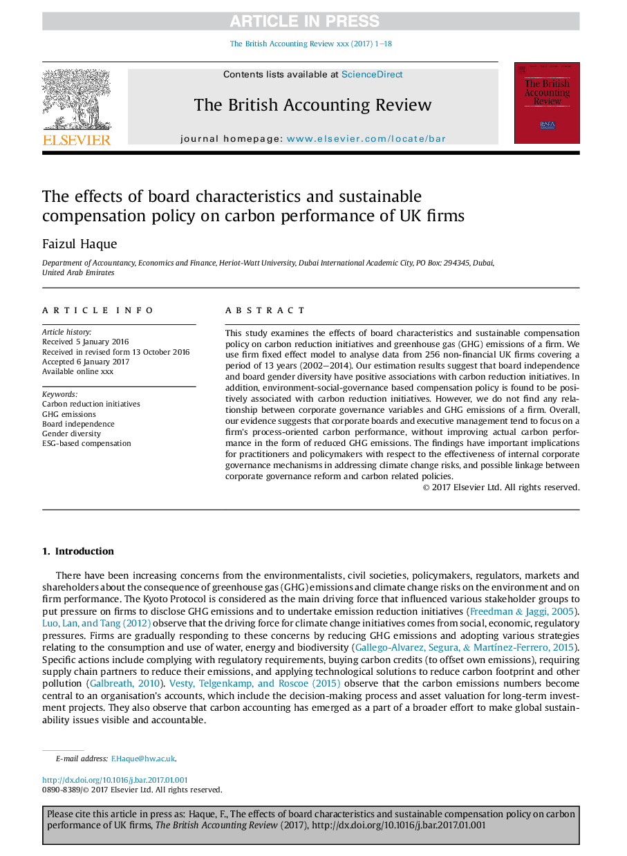 The effects of board characteristics and sustainable compensation policy on carbon performance of UK firms