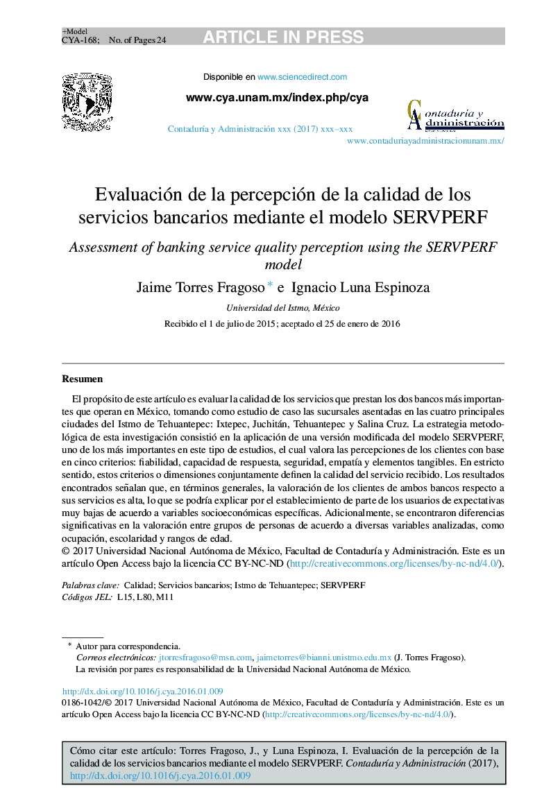 Evaluación de la percepción de la calidad de los servicios bancarios mediante el modelo SERVPERF
