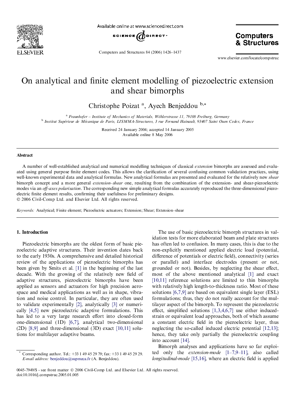 On analytical and finite element modelling of piezoelectric extension and shear bimorphs