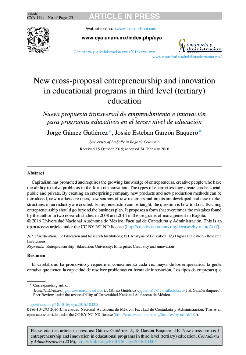 New cross-proposal entrepreneurship and innovation in educational programs in third level (tertiary) education