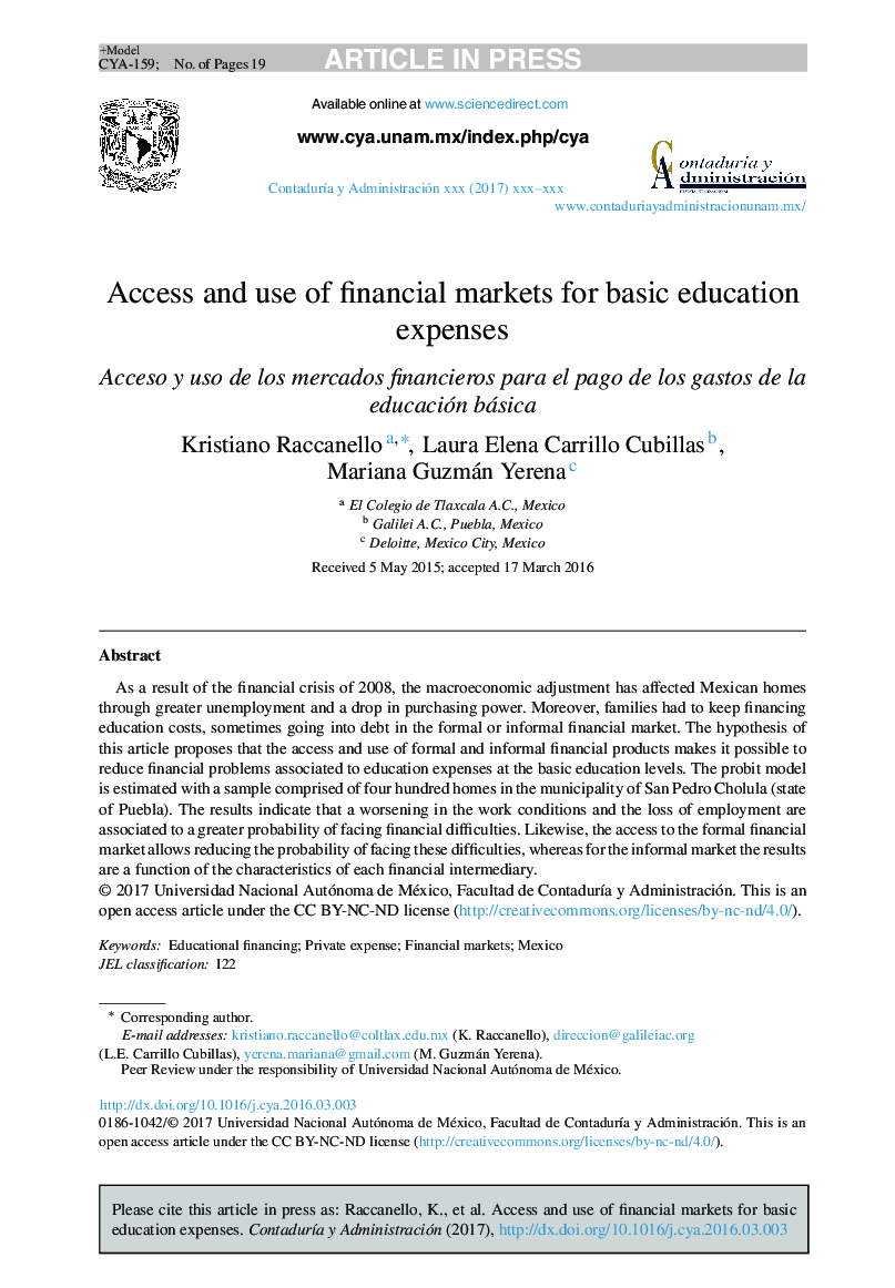 Access and use of financial markets for basic education expenses