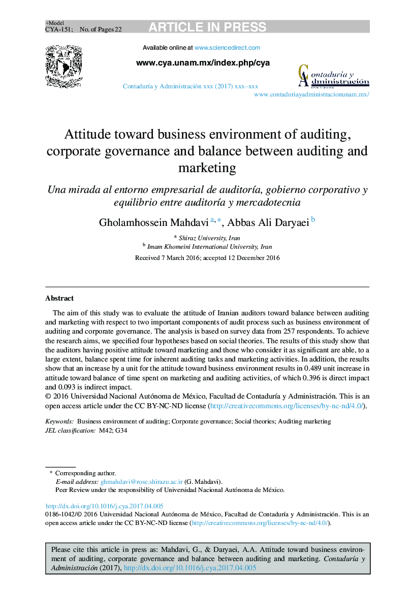 Attitude toward business environment of auditing, corporate governance and balance between auditing and marketing