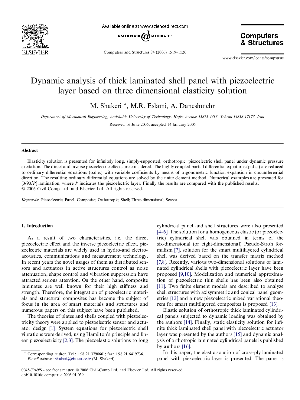 Dynamic analysis of thick laminated shell panel with piezoelectric layer based on three dimensional elasticity solution