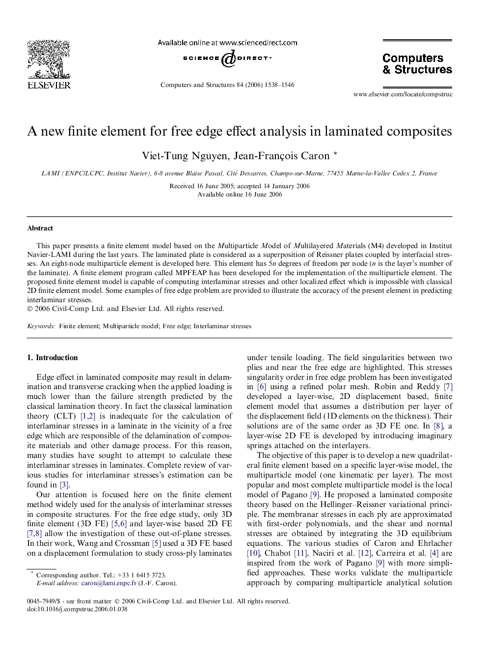 A new finite element for free edge effect analysis in laminated composites