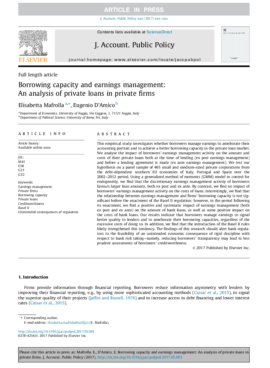 Borrowing capacity and earnings management: An analysis of private loans in private firms