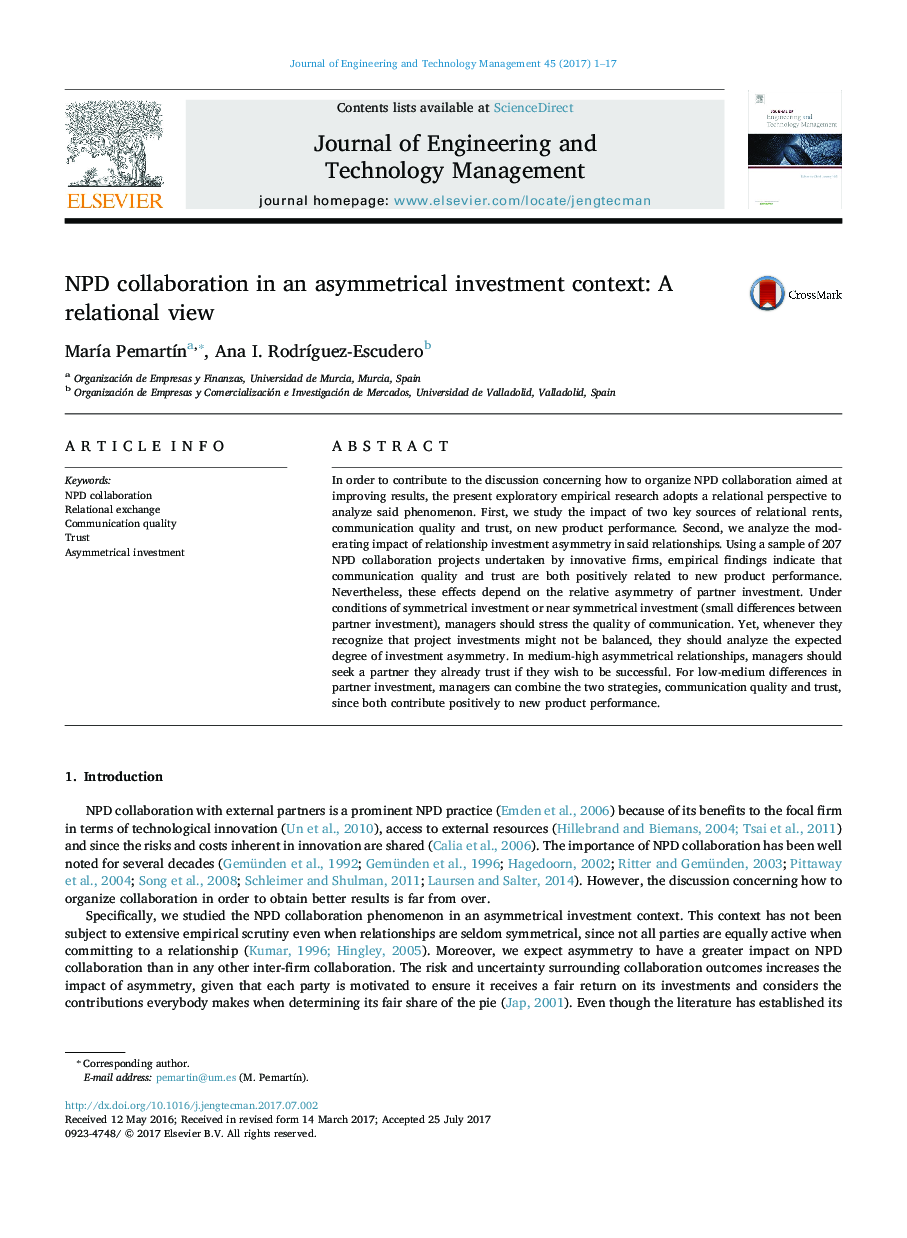 NPD collaboration in an asymmetrical investment context: A relational view