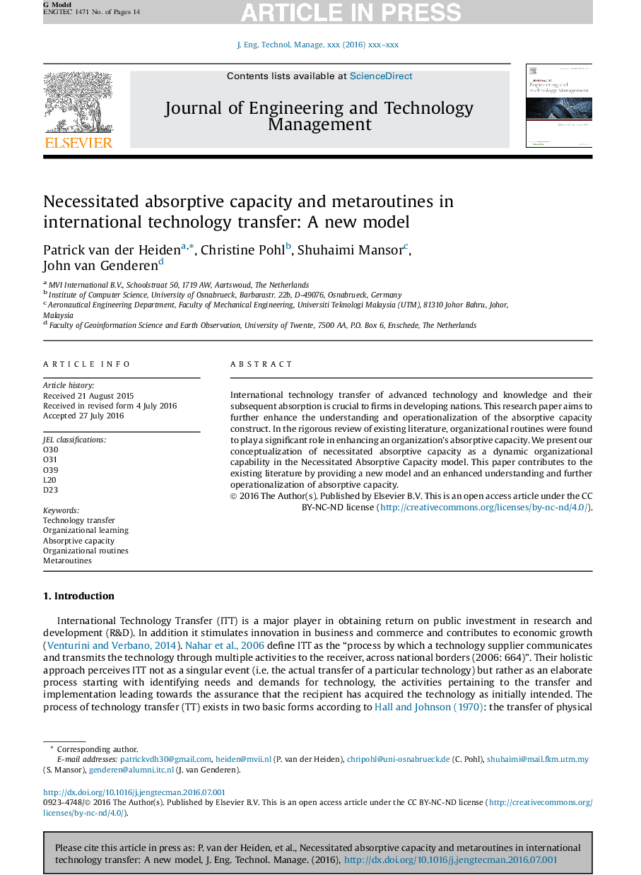 Necessitated absorptive capacity and metaroutines in international technology transfer: A new model