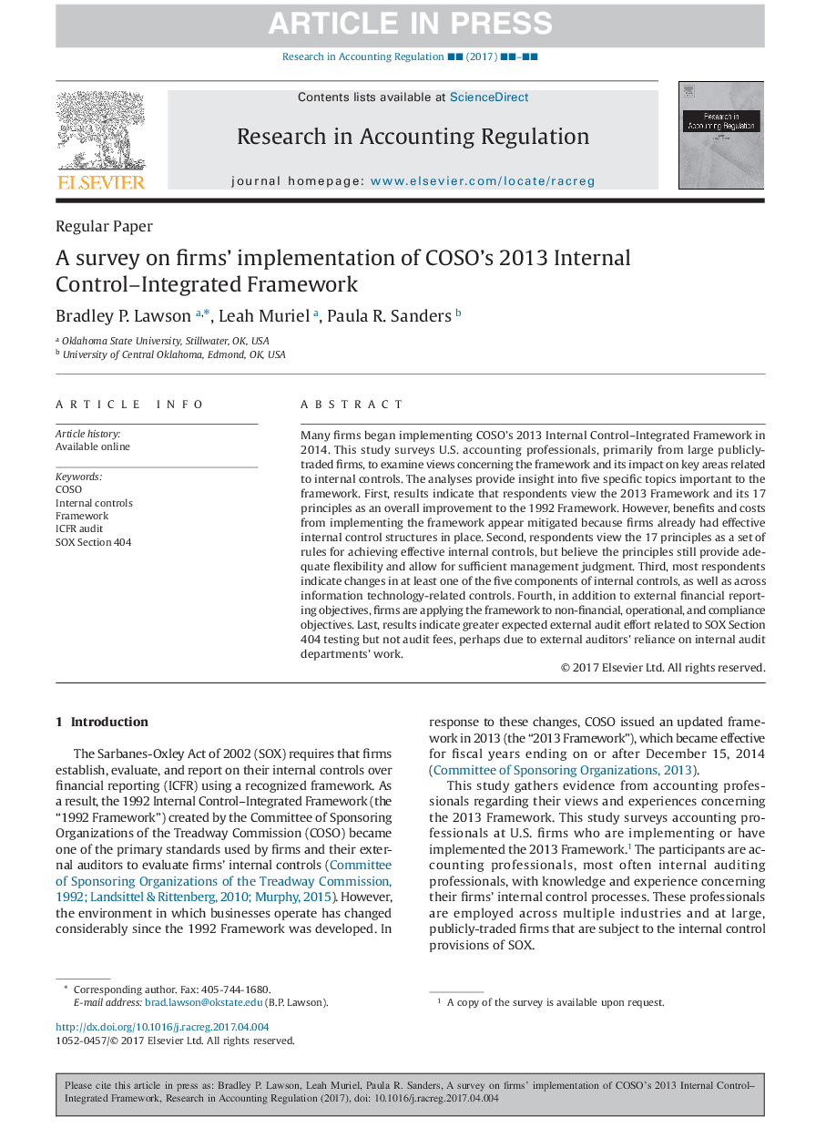 A survey on firms' implementation of COSO's 2013 Internal Control-Integrated Framework