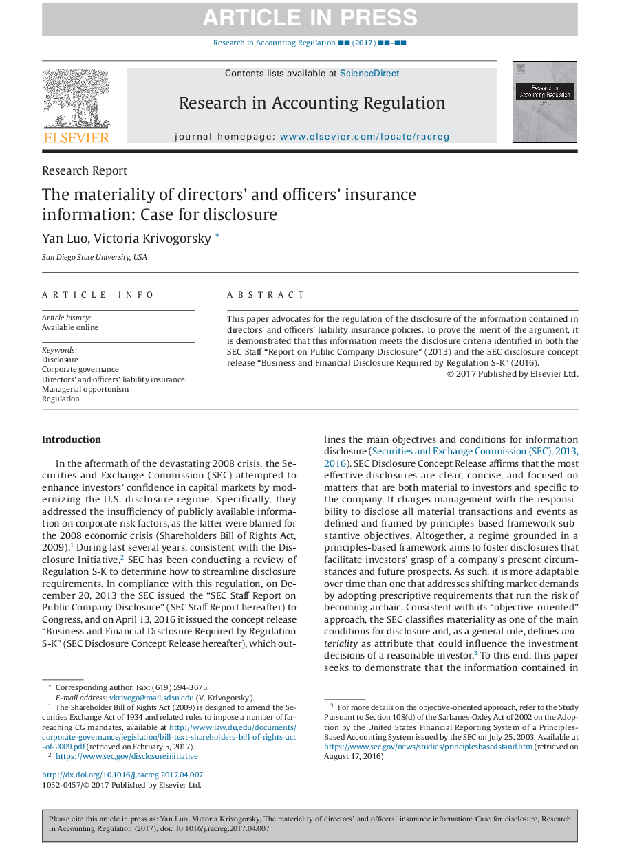 The materiality of directors' and officers' insurance information: Case for disclosure