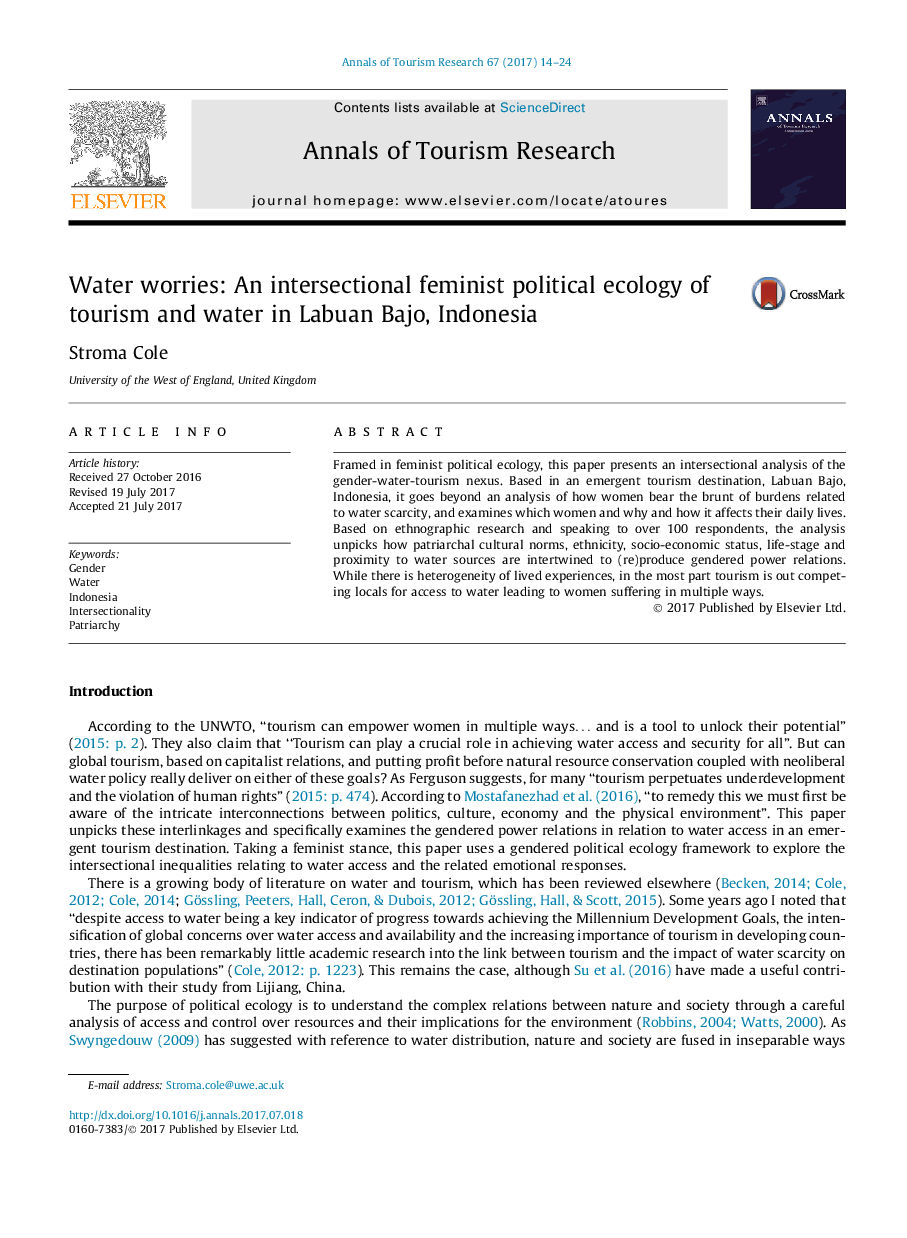 نگرانی های آب: محیط زیست سیاسی فمینیسم میان زمینۀ گردشگری و آب در لوبان باجو، اندونزی 