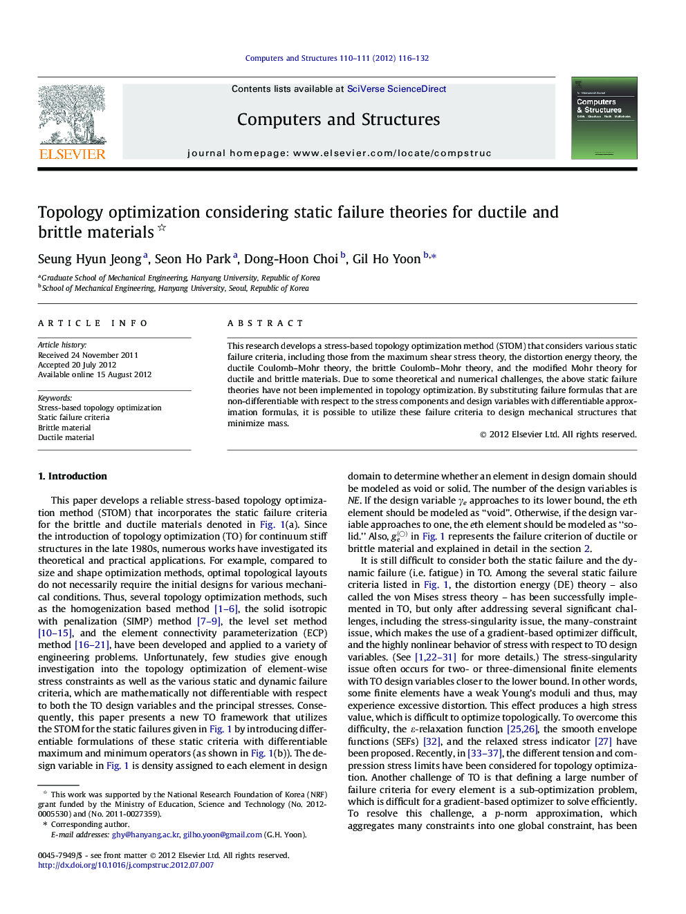 Topology optimization considering static failure theories for ductile and brittle materials 