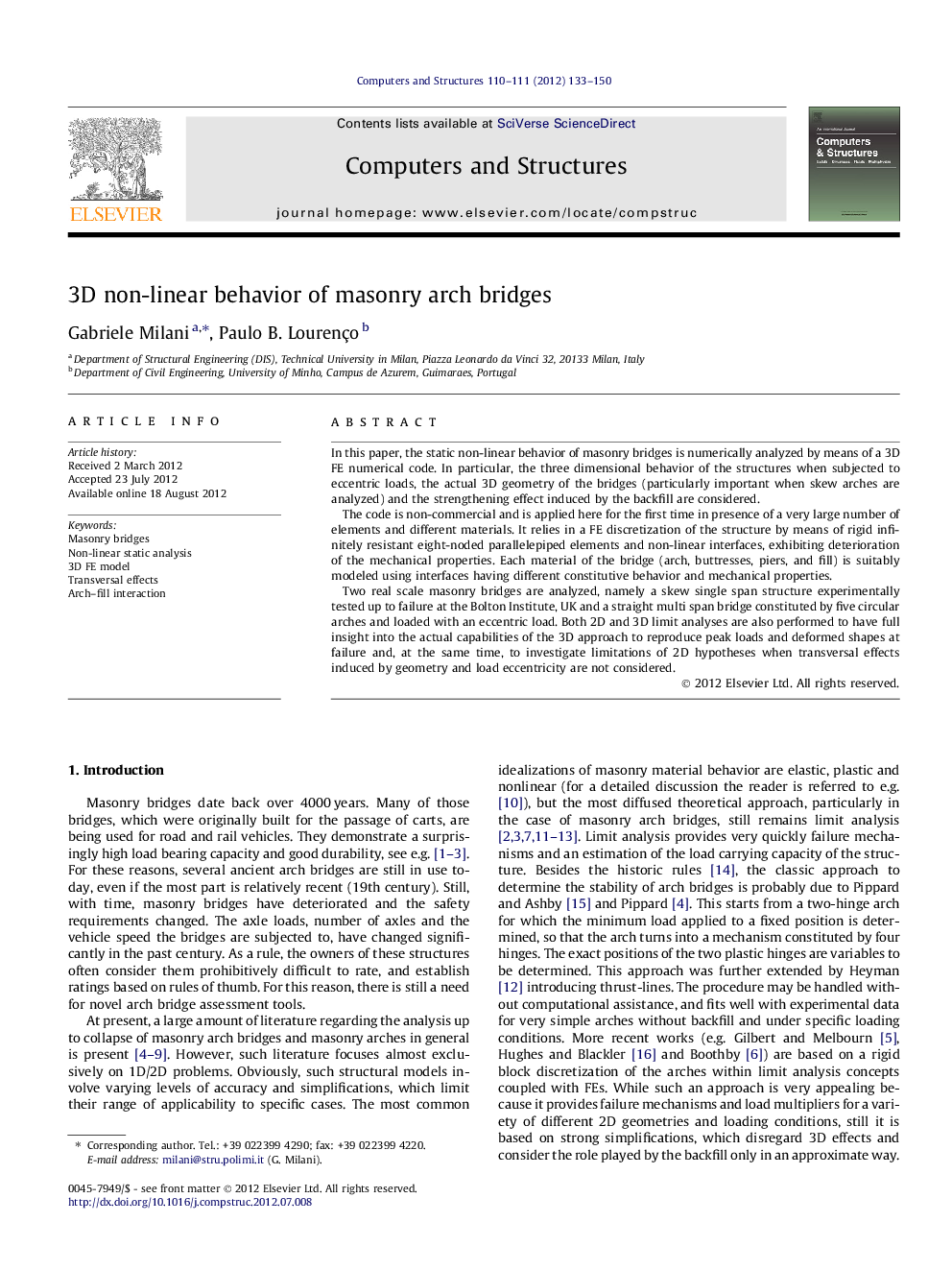 3D non-linear behavior of masonry arch bridges