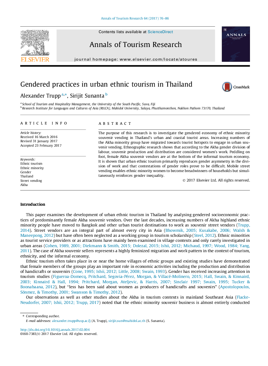 Gendered practices in urban ethnic tourism in Thailand