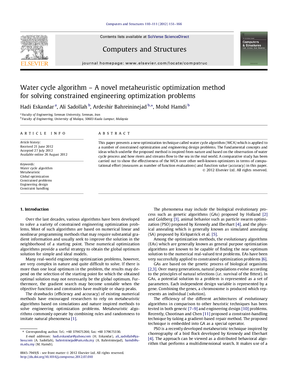 Water cycle algorithm – A novel metaheuristic optimization method for solving constrained engineering optimization problems