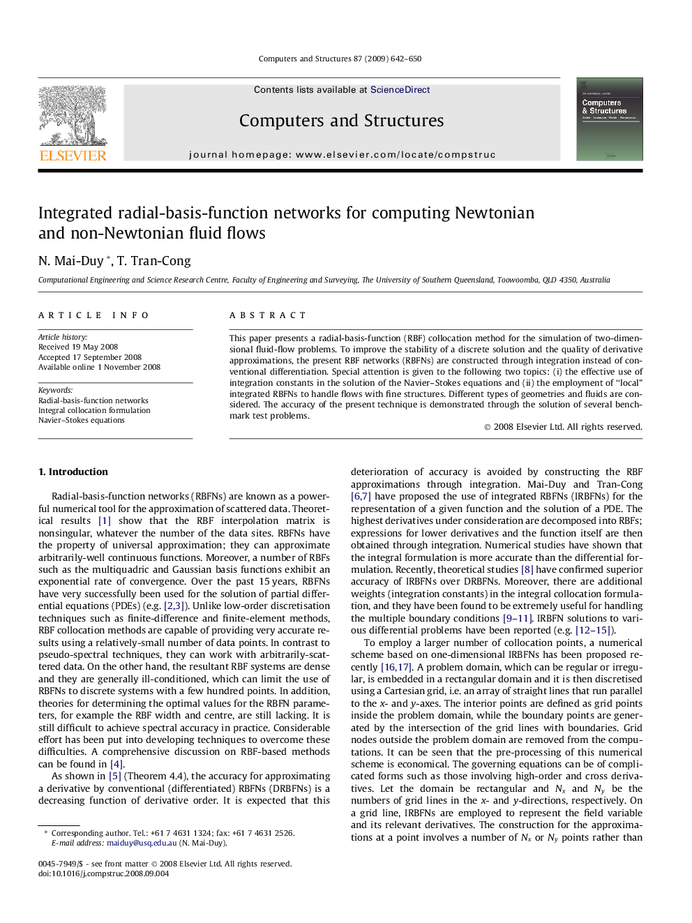 Integrated radial-basis-function networks for computing Newtonian and non-Newtonian fluid flows