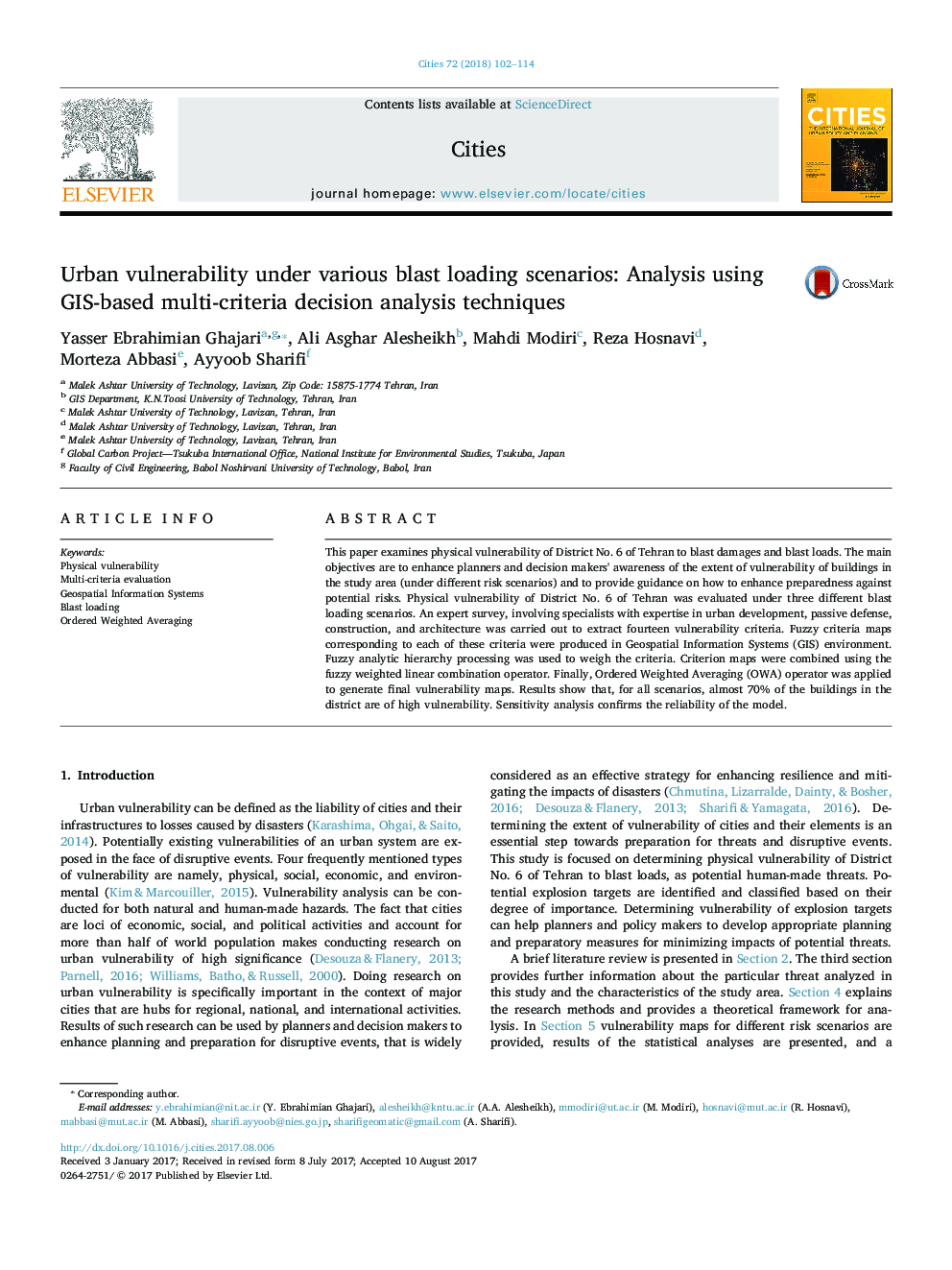 Urban vulnerability under various blast loading scenarios: Analysis using GIS-based multi-criteria decision analysis techniques