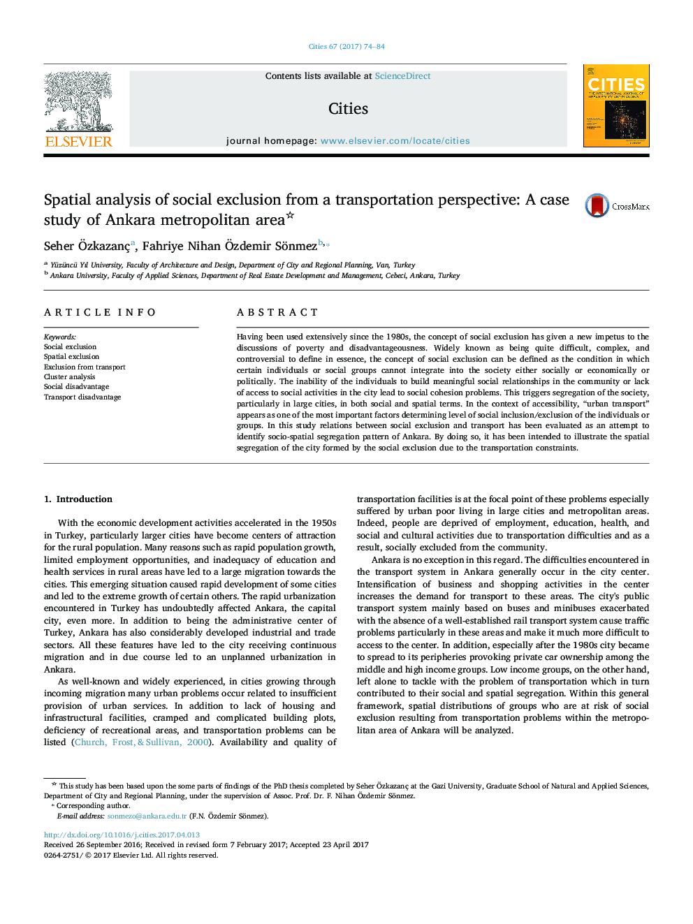 تجزیه و تحلیل فضایی جدایی اجتماعی از دیدگاه حمل و نقل: مطالعه موردی منطقه شهری آنکارا 