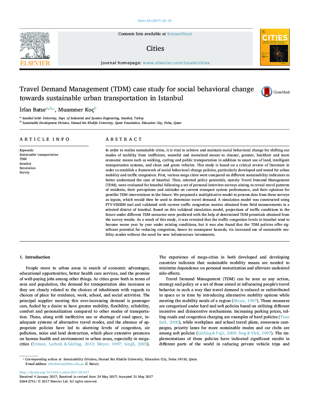 Travel Demand Management (TDM) case study for social behavioral change towards sustainable urban transportation in Istanbul